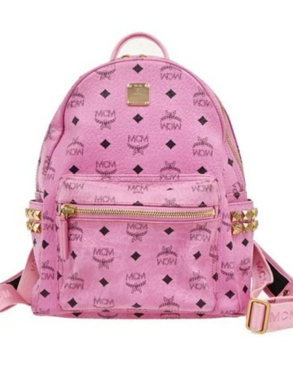 MCM Logo Visetos Pattern Stark Backpack Bag Leather Pink GHW 31EG413